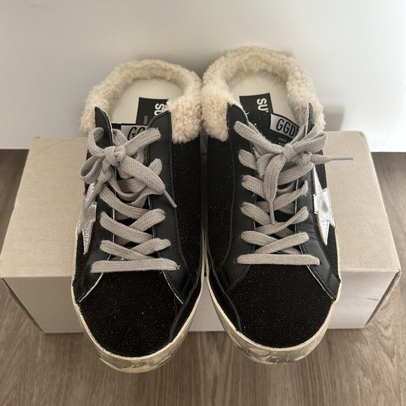 Golden Goose Black Glitter Super-Star Sabot Shearling Lined Sneakers Size 38 - Picture 3 of 8